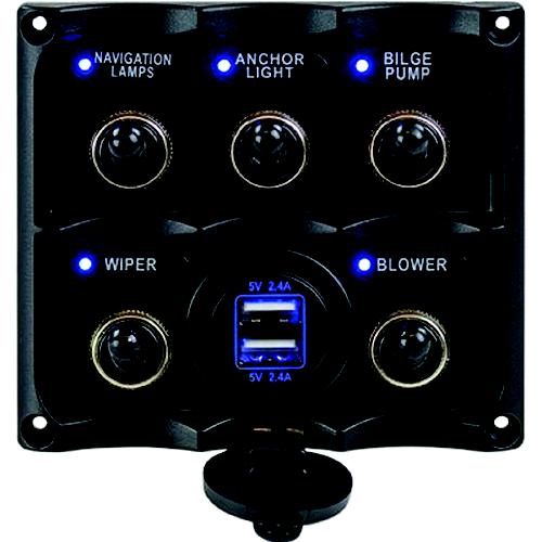 Seadog 424617-1 Water Resistant Toggle Switch Panel W/5 Switches & Usb Power Stocket - 424617-1 - 354-4246171F1
